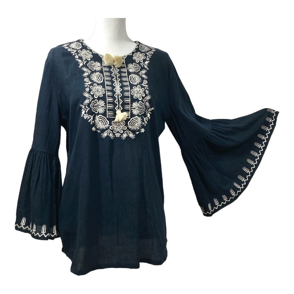 Figue Blouse Black Embroidered Boho Bell Sleeves 100% Cotton Top Size L